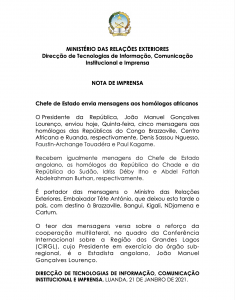 MIREX-Nota de Imprensa - Chefe de Estado envia mensagens a homólogos africanos.